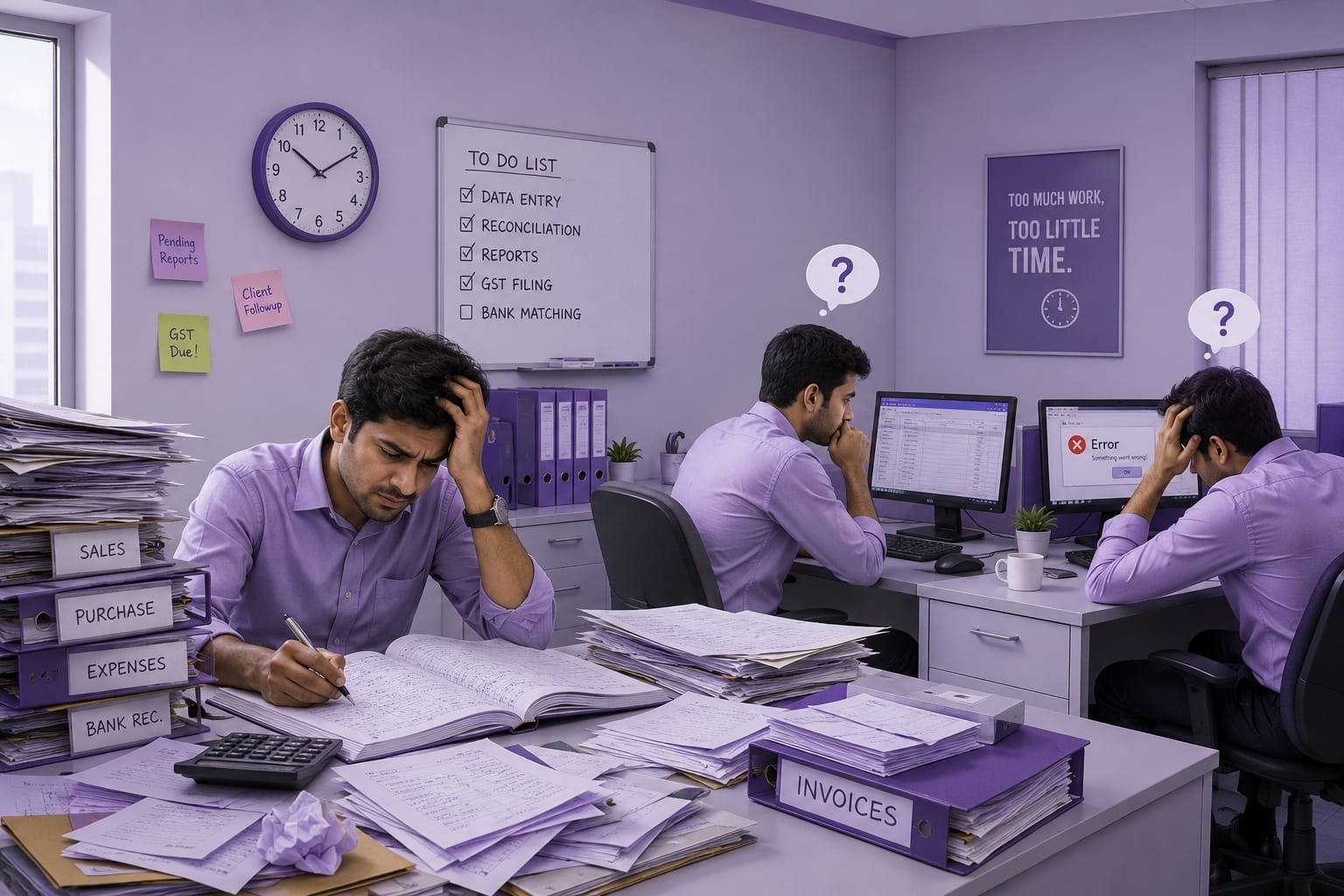 An overwhelmed team buried in paperwork, spreadsheets, and manual reconciliation