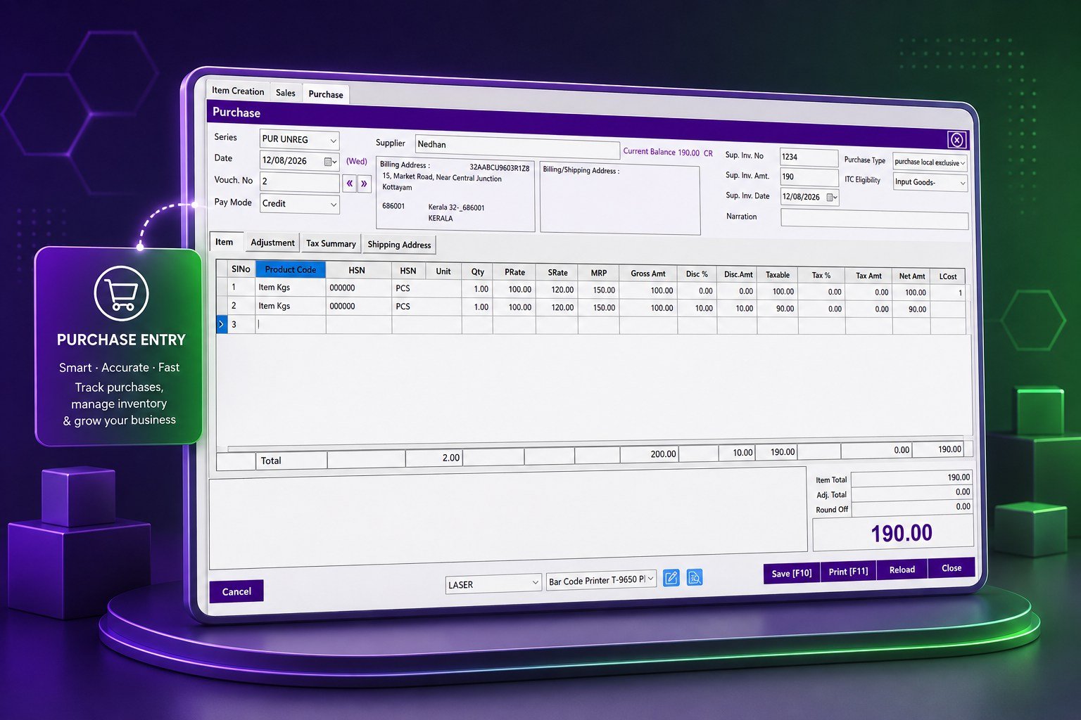 Billezy purchase entry screen