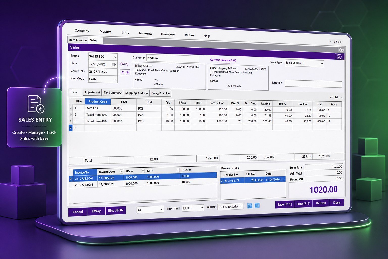 Billezy sales entry screen
